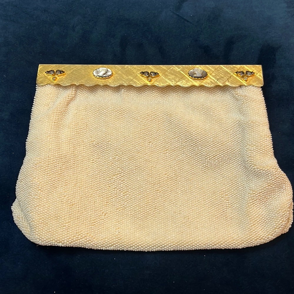Vintage Rosenfeld Gold Metalic Seed Beaded Clutch Bag W/Cameos & Jewels